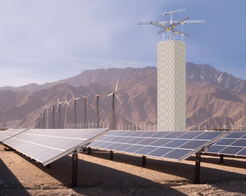 Energy Vault Tower located on Wind and Solar Farm