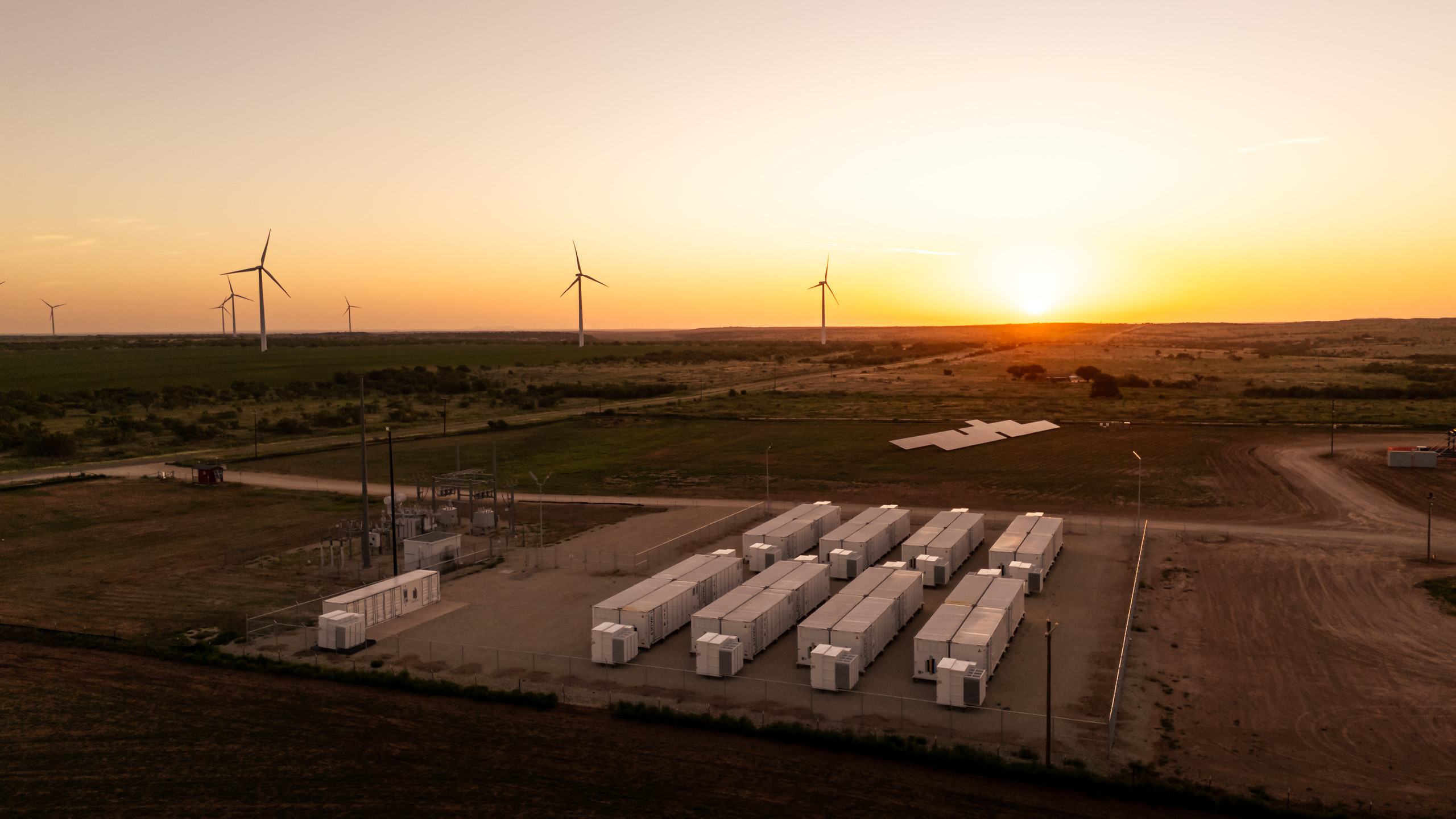 Aerial view of a co-located solar and battery storage site
