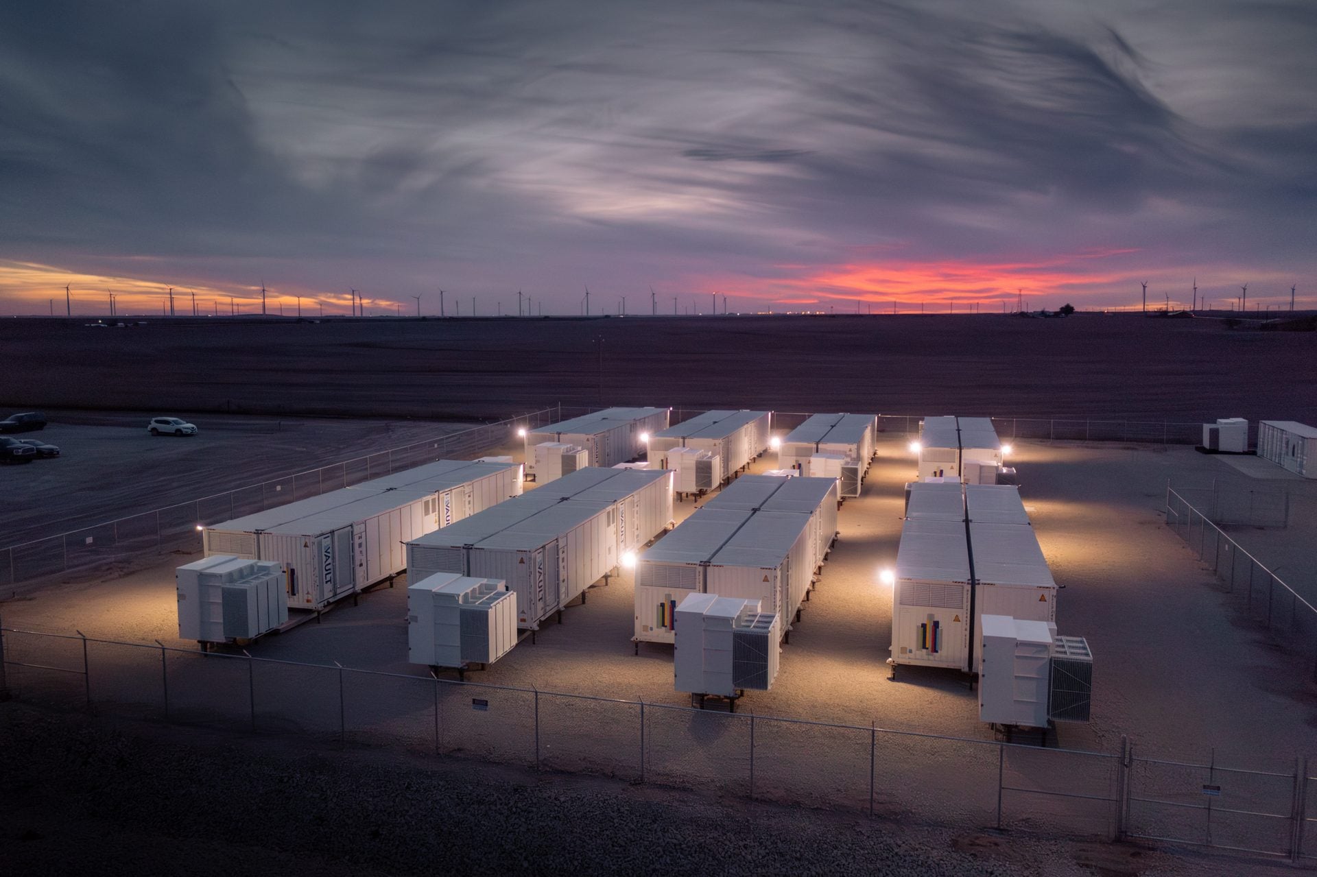 Energy Vault storage site at dusk
