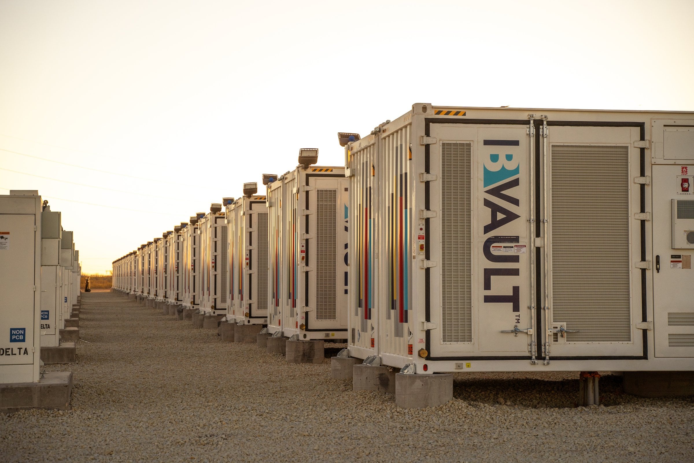 Rows of Energy Vault battery storage containers