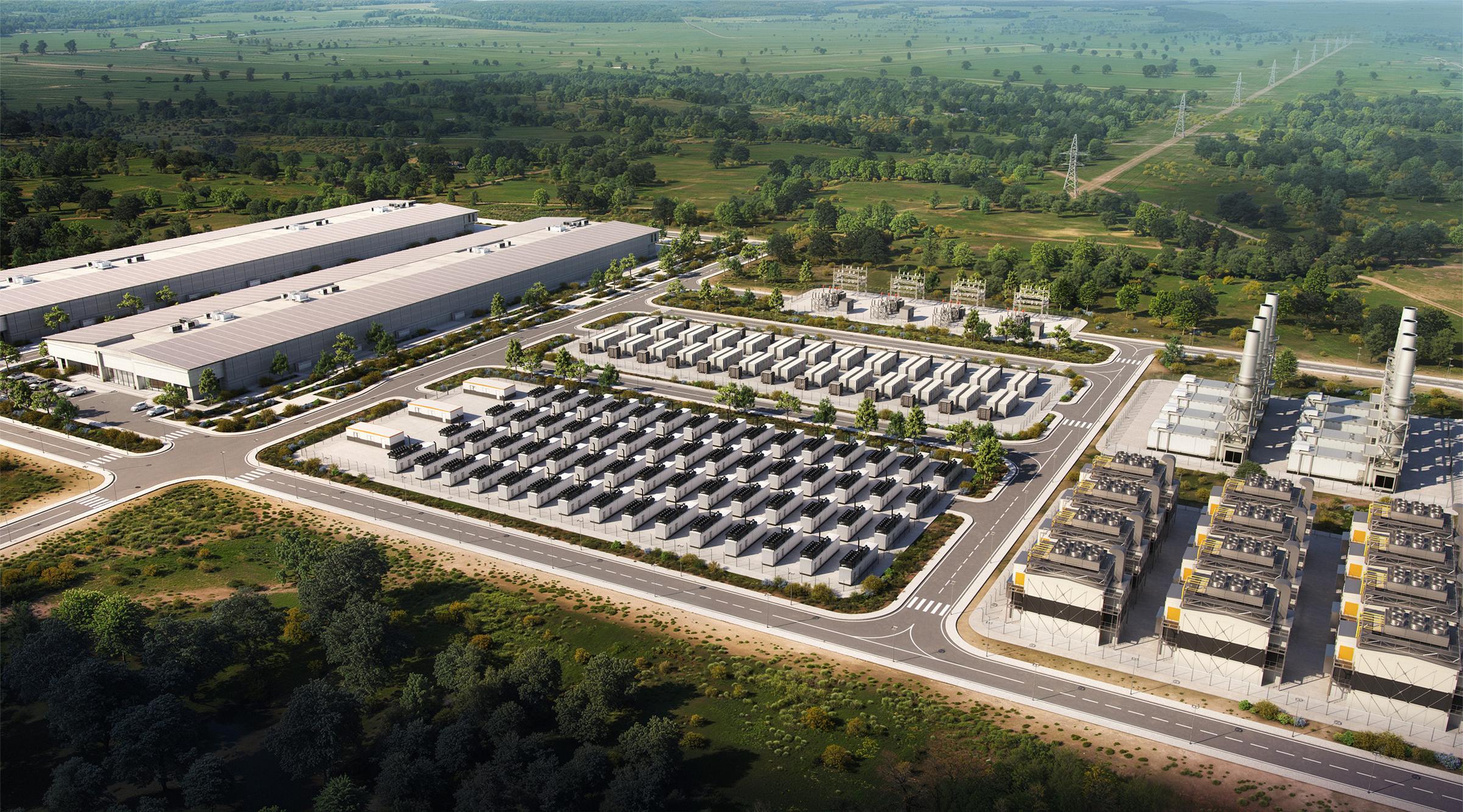 Aerial view of an Energy Vault powered land campus: data center halls, grid-forming battery storage, substation and on-site gas generation