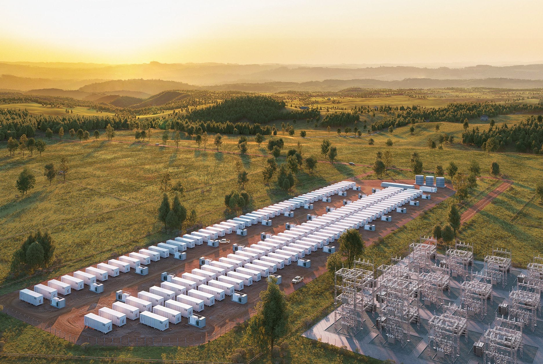 Aerial render of the Ebor BESS site at dusk, New South Wales, Australia