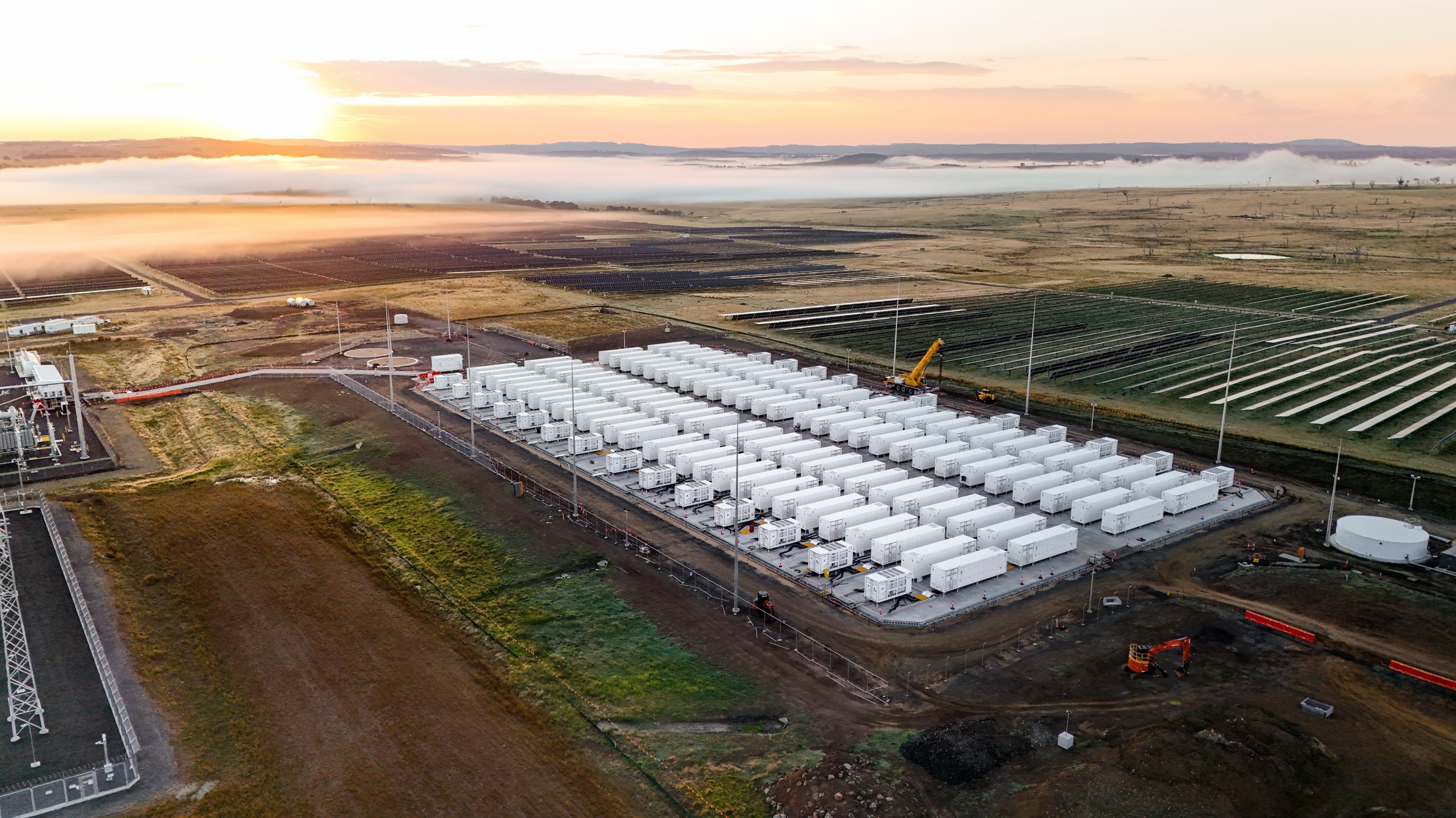 Aerial view of the New England BESS site beside the collocated New England Solar project