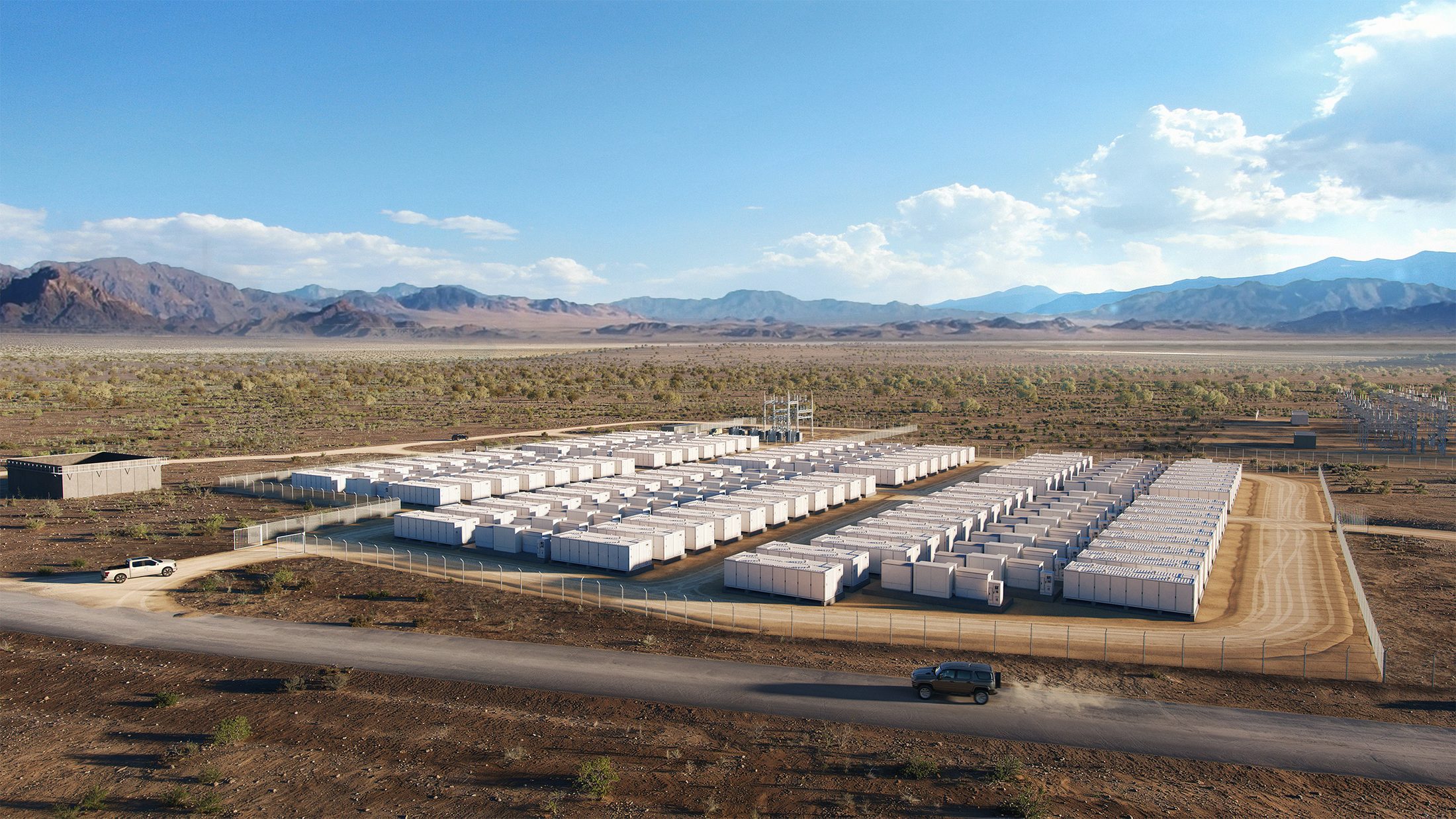 Aerial view of a utility-scale Energy Vault battery energy storage system