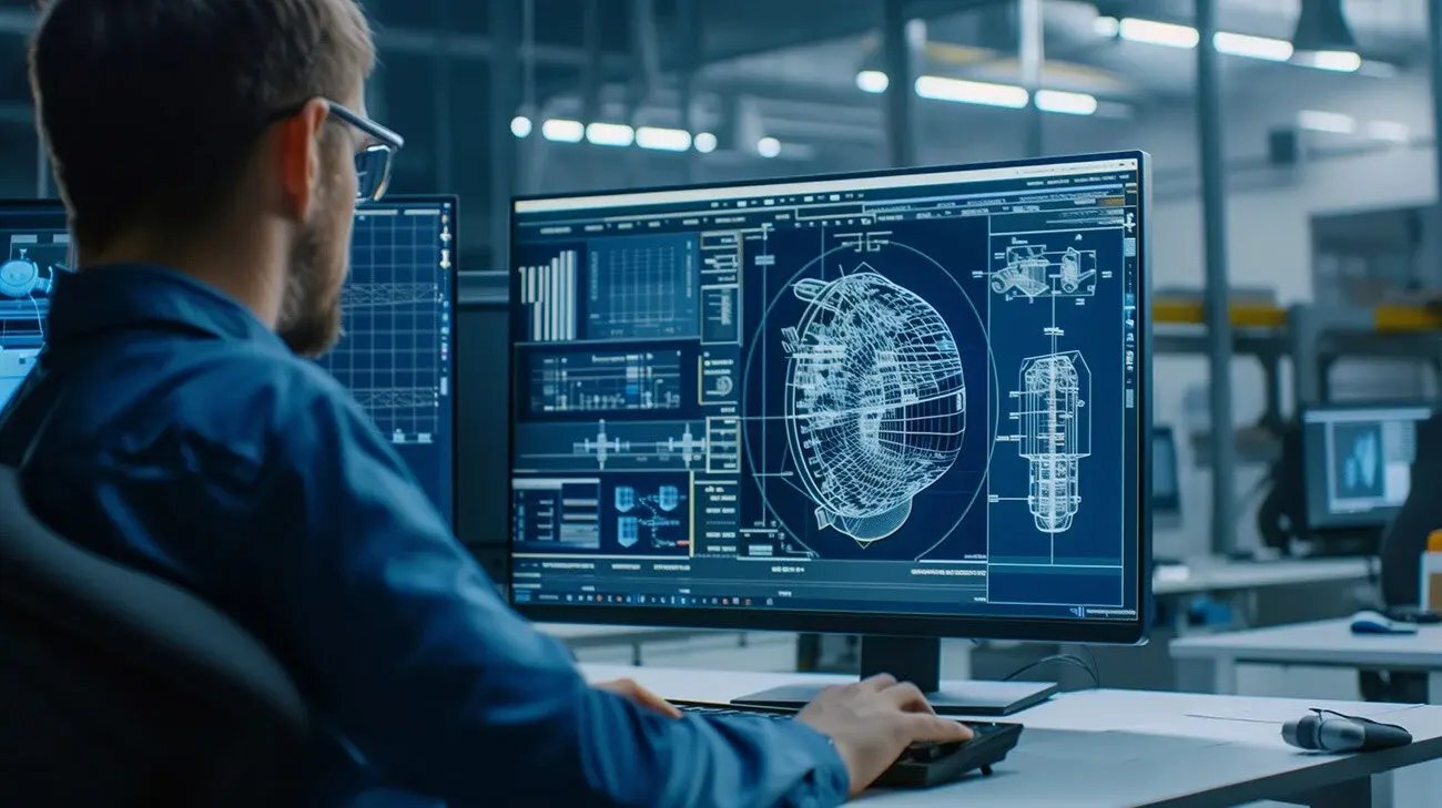Engineer reviewing NuSun microreactor design schematics